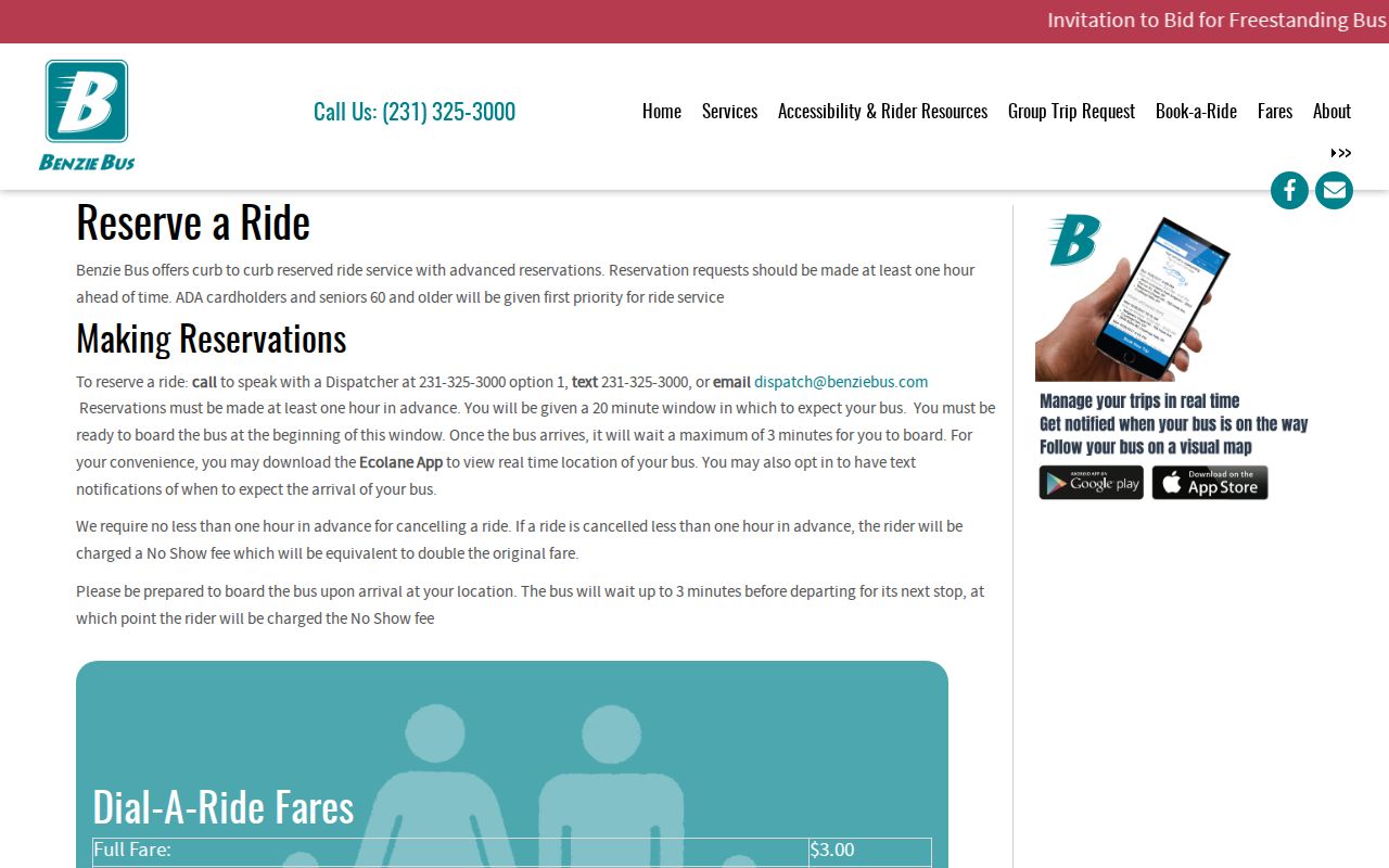 Benzie County 24-hour release transportation options on the Benzie Bus booking page