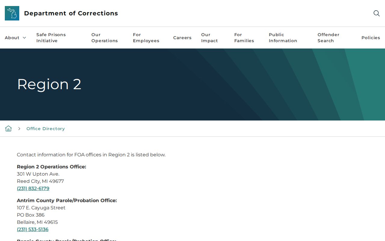 Benzie County post-release supervision office in the MDOC Region 2 directory