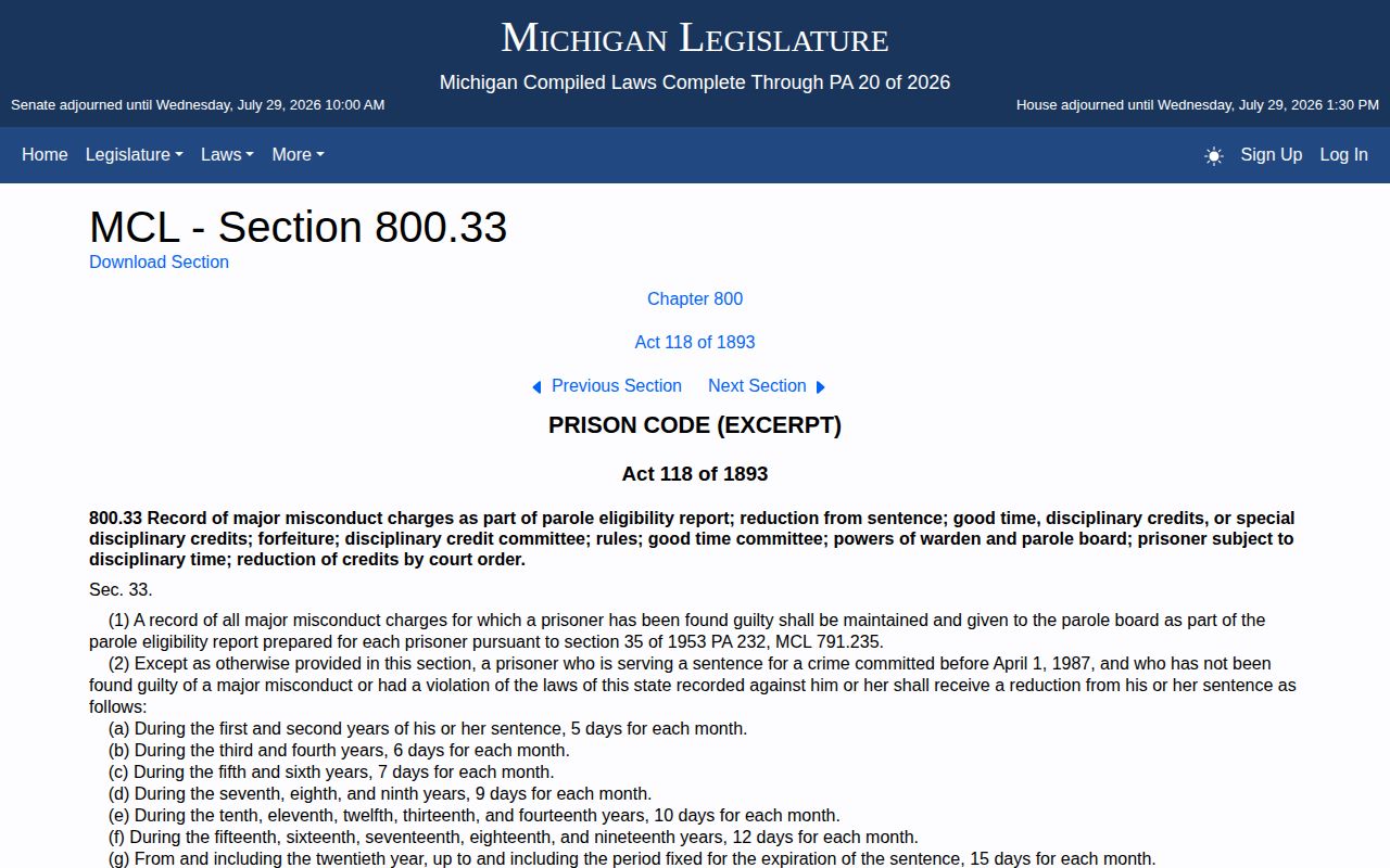 Michigan legacy prison credit statute used in Benzie County release date research