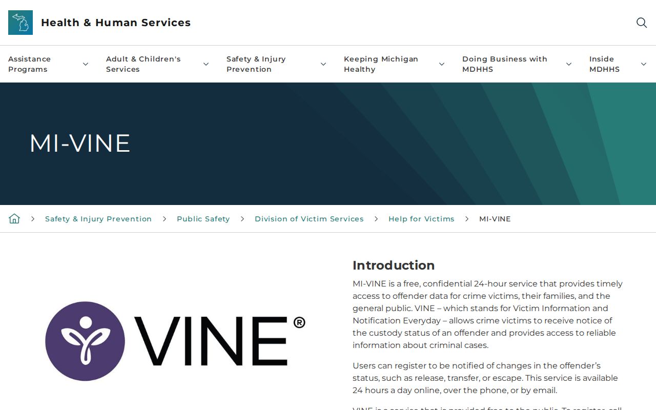 Official Michigan VINE inmate check overview for Benzie County release alerts